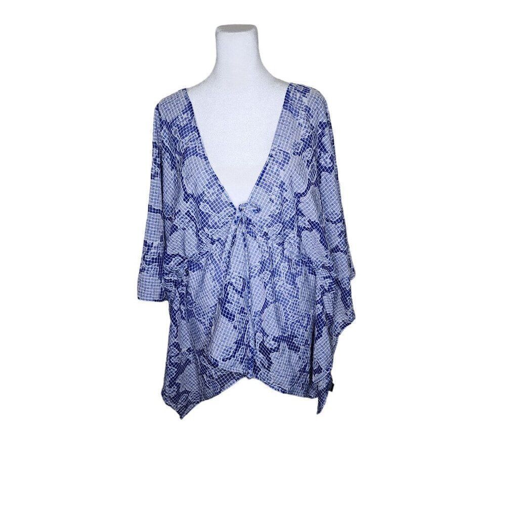 Anthropologie Tie-Front Flowy Boho Floral Caftan Top Womens Size O/S Blue